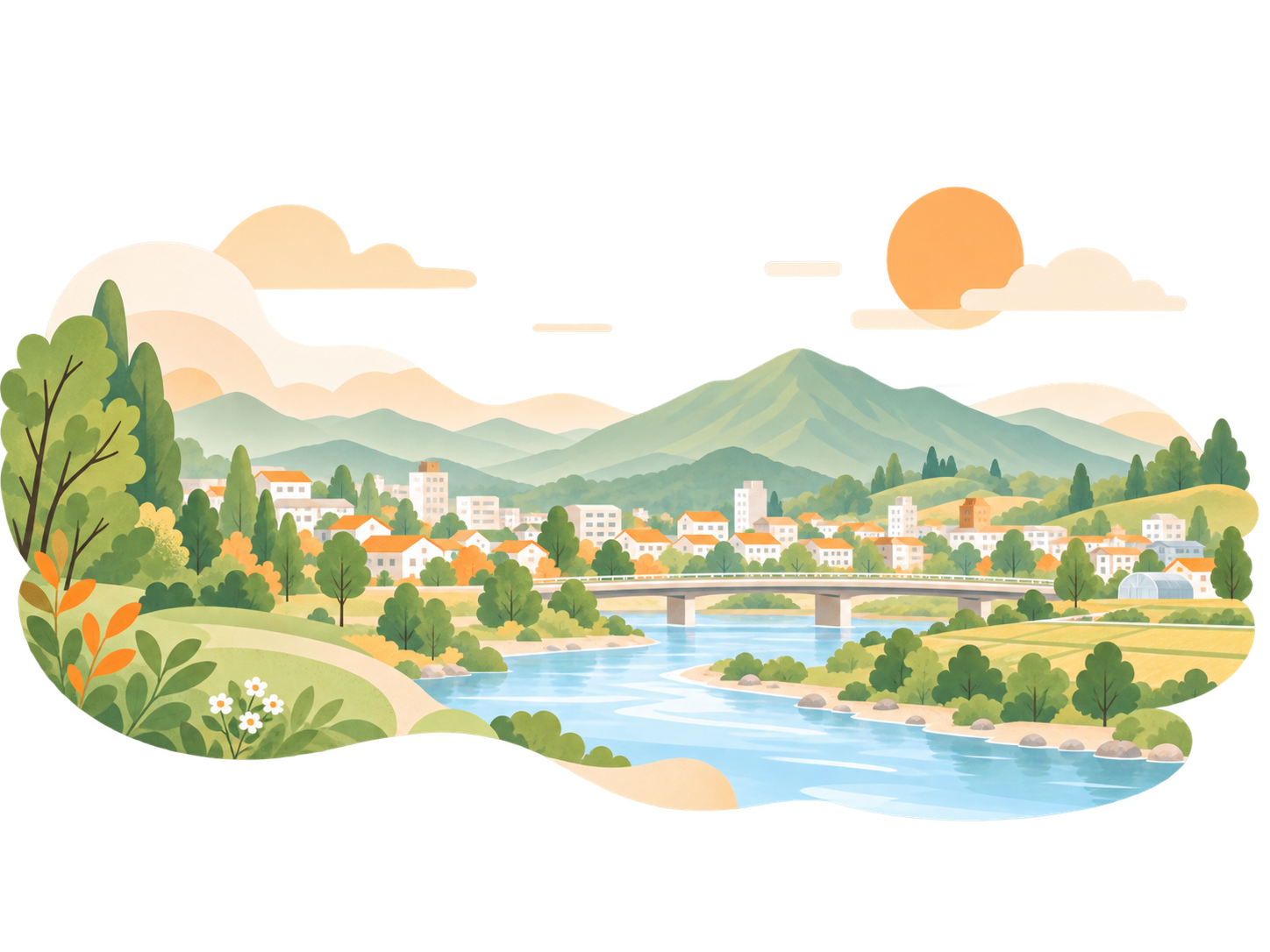山や川、街並みが広がる地域のイラスト