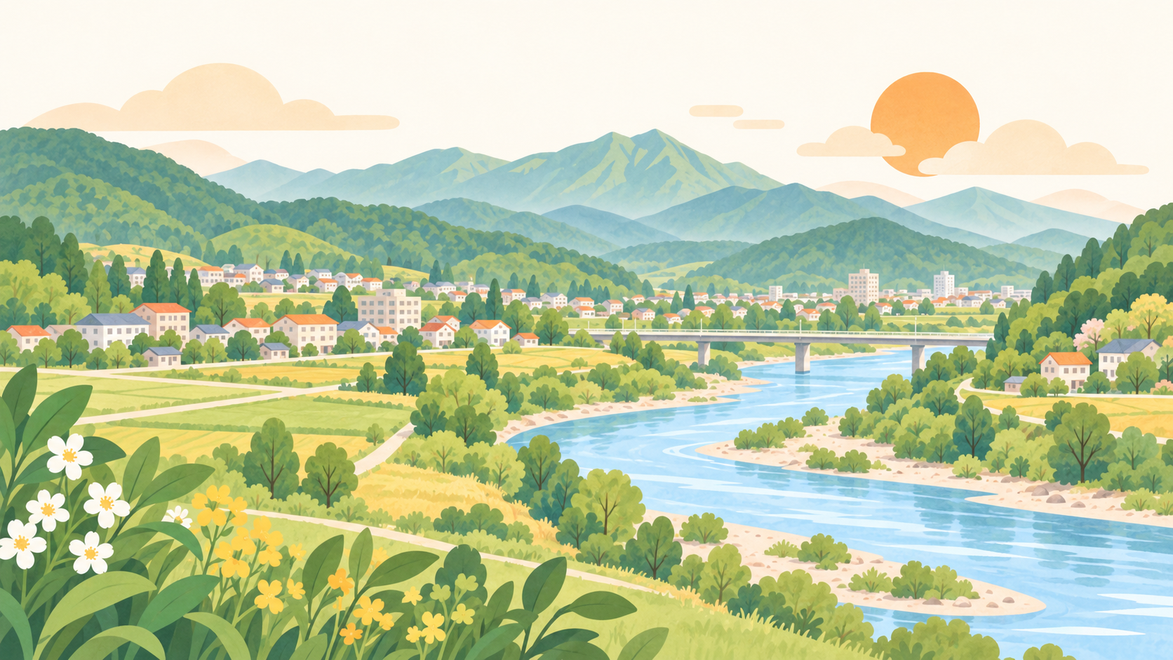 上田市・丸子地域をイメージした山並みと川、住宅地のイラスト